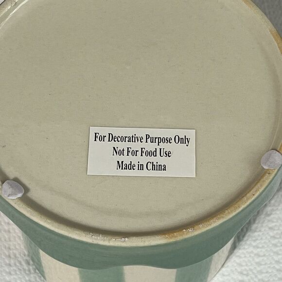 Striped Ceramic Planter Scallop Petal Edge DRAINAGE Attached Saucer Blue Cream - Picture 12 of 12